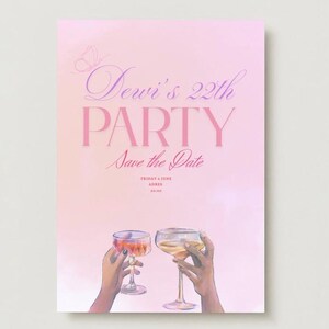 Cartaz de cartão de aniversário de 22 anos editável, modelo de reserva de data, ilustração em rosa pastel champanhe, decoração moderna de aniversário