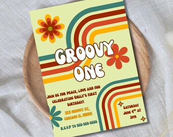 Verjaardagsuitnodiging Groovy One | Retro eerste verjaardagsuitnodiging - bewerkbare canva-sjabloon - direct downloaden
