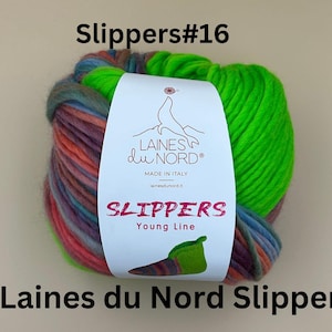 May include: A ball of colorful yarn labeled "Laines du Nord" and "Slippers Young Line". The yarn is a mix of green, red, orange, blue, and purple. The label also says "Slippers #16".