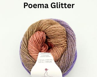 May include: A ball of Laines du Nord Poema Glitter yarn featuring a gradient of brown, coral, and purple fibres. A white paper label is wrapped around the centre, displaying the text Laines du Nord Poema Glitter, 150 grs, 600 mts, 5.29 oz, and 656 yds.