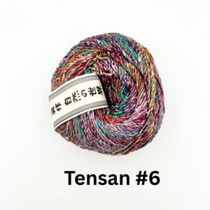 K&ouml;nnte beinhalten: Ein Kn&auml;uel bunter Wolle mit einem Etikett mit japanischem Text. Die Wolle ist eine Mischung aus Rot, Lila, Gr&uuml;n und Orange. Der Text "Tensa #6" ist darunter in fetter Schrift gedruckt.