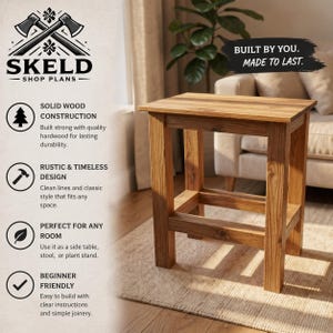 Puede incluir: Una mesa auxiliar de madera con acabado natural. La mesa tiene una parte superior cuadrada y un diseño de marco abierto y resistente. El texto de la imagen dice "Built by You. Made to Last."