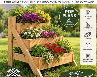 Planos para jardineras verticales, jardineras de 3 niveles, planos de carpintería para bricolaje, descarga en PDF.
