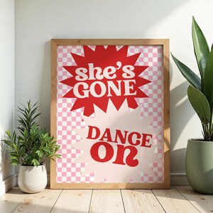 She's Gone, Dance On House Music Lyrics Wall Art, Modern Retro Checked Pink Print for Bedroom Decor
