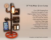23 quot Steampunk Tower Lamp Night Light, AC USB Outlets, Smartphone Cradle, Working Volt Meter, Pressure Gauge, Optional Apple Watch Charger