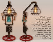 27 quot Steampunk Industrial Pipe Lamp Dimmer, Glass Insulator Night Light, USB charging, AC outlets, 2 Pressure Gauges, Iron Copper Pipes