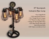 25 quot Steampunk Industrial Pipe Lamp with Full-range Dimmer, Two Vintage Pressure Gauges, Spiral Filament Bulbs, Metal Cages, Steering Wheel