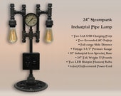 24 Steampunk Industrial Iron Pipe Lamp with AC USB outlets, Vintage Pressure Gauge, Boston Sprocket Base, Dimmer, Two LED Bulbs