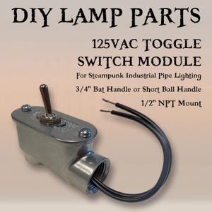 May include: A silver-toned metal toggle switch module for DIY lamp parts with a 125VAC rating, 3/4 inch bat handle, and 1/2 inch NPT mount. The unit features two black electrical wires extending from the threaded side port and a central toggle.