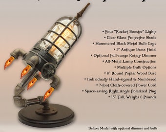 15" Rocket Ship Spaceship Steampunk Industrial Pipe Desk Lamp with 4 rocket booster lights, wood base, multiple model and bulb options
