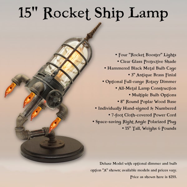 15" Rocket Ship Spaceship Steampunk Industrial Pipe Desk Lamp with 4 rocket booster lights, wood base, multiple model and bulb options