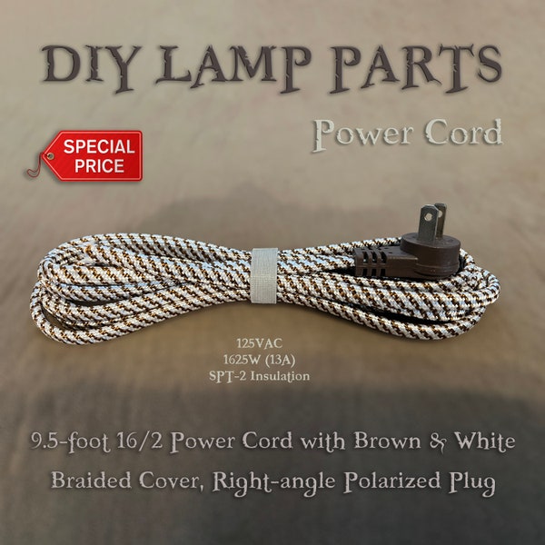 9.5 ft Brown & White Cloth covered flat power cord for Lampmaking, 16/2 SPT-2 wire with right-angle polarized plug, Steampunk DIY Lamp parts