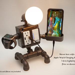 Robot Steampunk Industrial Pipe Desk Lamp with Dimmer, AC & USB outlets, Smartphone Charging Cradle, optional Apple Watch Charger Nightstand