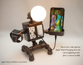 Robot Steampunk Industrial Pipe Desk Lamp with Dimmer, AC & USB outlets, Smartphone Charging Cradle, optional Apple Watch Charger Nightstand