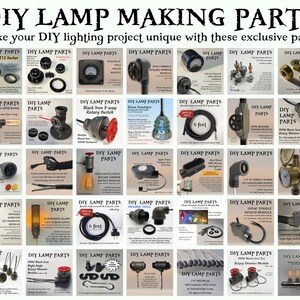 May include: A collection of DIY lamp making parts displayed in a grid, featuring various electrical components like sockets, rotary dimmer modules, black iron pipe fittings, power cords, and switches for custom lighting projects.