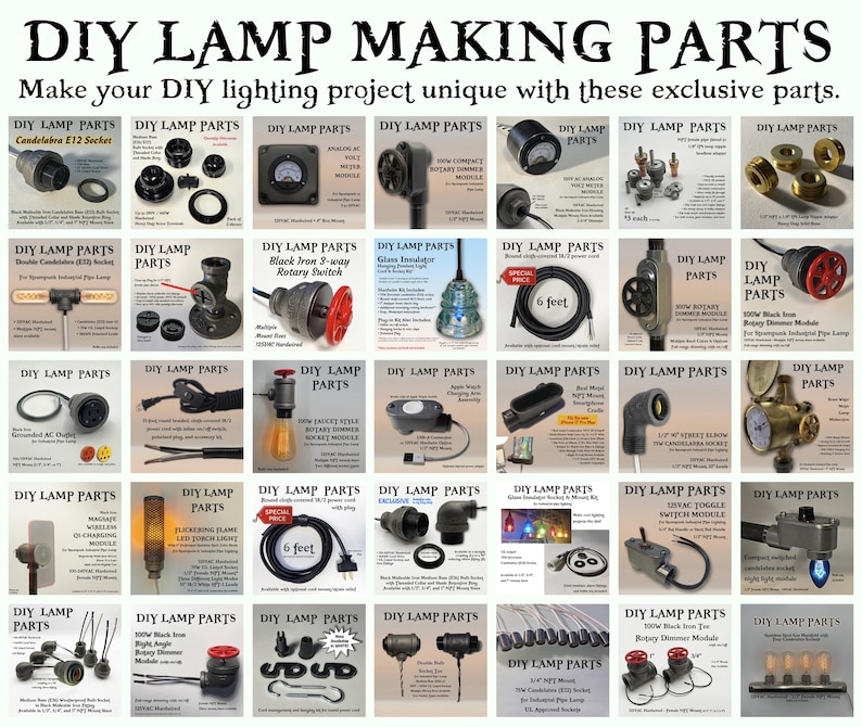 May include: A collection of DIY lamp making parts displayed in a grid, featuring various electrical components like sockets, rotary dimmer modules, black iron pipe fittings, power cords, and switches for custom lighting projects.