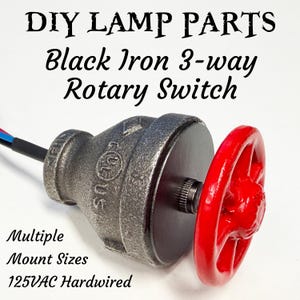 May include: A black iron 3-way rotary switch with a red handle. The switch is hardwired and has multiple mount sizes. Text on the image reads "DIY LAMP PARTS" and "125VAC Hardwired."