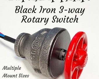 Steampunk Lamp Rotary Switch: Black Iron 3-Way, 2" Cast Metal Knob, DIY Industrial Lighting Parts, Multiple NPT Mount Sizes Available