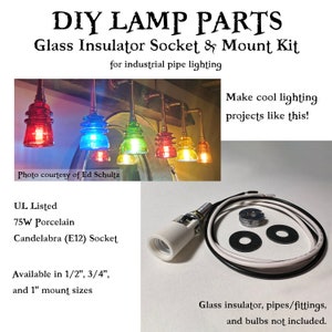 Glass insulator porcelain E12 socket & mount kit for Steampunk or industrial pipe lamp - includes NPT to IPS thread adapter, rubber washers