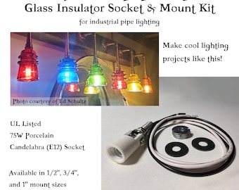 Glass insulator porcelain E12 socket & mount kit for Steampunk or industrial pipe lamp - includes NPT to IPS thread adapter, rubber washers