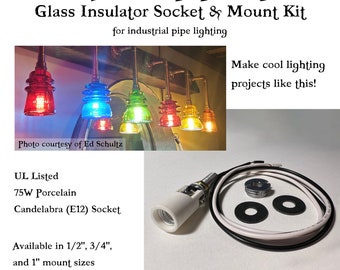 Glass insulator porcelain E12 socket & mount kit for Steampunk or industrial pipe lamp - includes NPT to IPS thread adapter, rubber washers