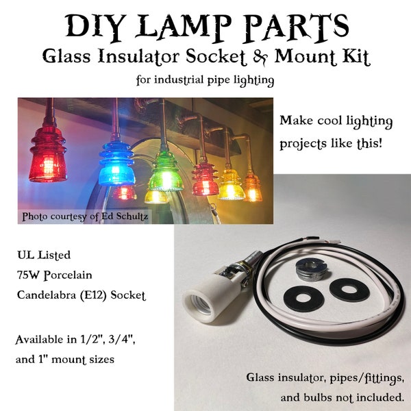 Glass insulator porcelain E12 socket & mount kit for Steampunk or industrial pipe lamp - includes NPT to IPS thread adapter, rubber washers