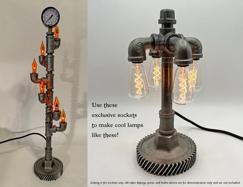 May include: Two industrial style lamps with exposed pipe fittings and Edison bulb sockets. The lamps are made with black metal pipes and have a rustic, steampunk aesthetic. The text "Use these exclusive sockets to make cool lamps like these!" is visible in the image.