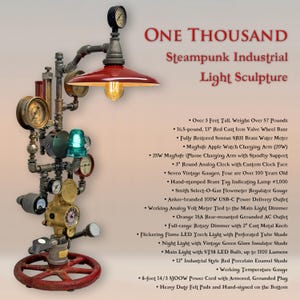 May include: Steampunk industrial light sculpture with a red lampshade, gauges, and a cast iron valve wheel base. Features a vintage aesthetic with a working analog volt meter and a flickering flame LED torch light. Over 3 feet tall.