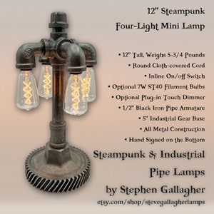 Four-Light Steampunk Mini Industrial Pipe Lamp with Heavy 5" Gear Base, Inline Switch, Optional Touch Dimmer and Bulbs, Hand Signed
