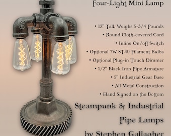 Four-Light Steampunk Mini Industrial Pipe Lamp with Heavy 5" Gear Base, Inline Switch, Optional Touch Dimmer and Bulbs, Hand Signed