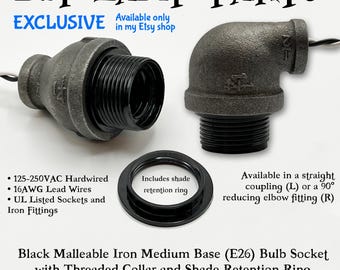 Black Iron Medium Base E26 Bulb Socket with Threaded Collar and Shade Ring for Industrial Pipe NPT Steampunk Lamp DIY Parts 125VAC Hardwired