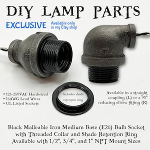 Schwarze Eisen mittlere Sockel E26 Fassung mit Gewindekragen und Schattenring für industrielle Rohr-NPT-Steampunklampen-DIY-Teile 125VAC fest verdrahtet