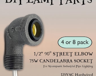 4-pack 1/2" Black Malleable Iron 90º Street Elbow with 75W Candelabra E12 Socket for Steampunk Industrial Pipe Lamp DIY Lamp Parts 125VAC