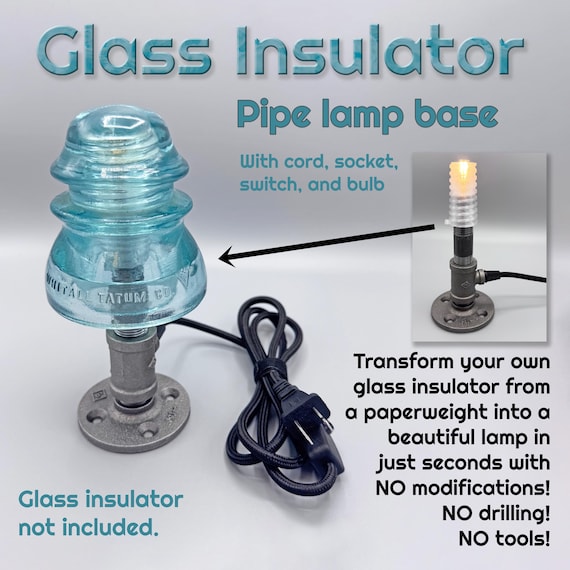 Glass Insulator Iron Pipe Lamp Base for Desk or Night Light with cloth covered cord, inline switch, Bi-pin LED Bulb, insulator NOT INCLUDED