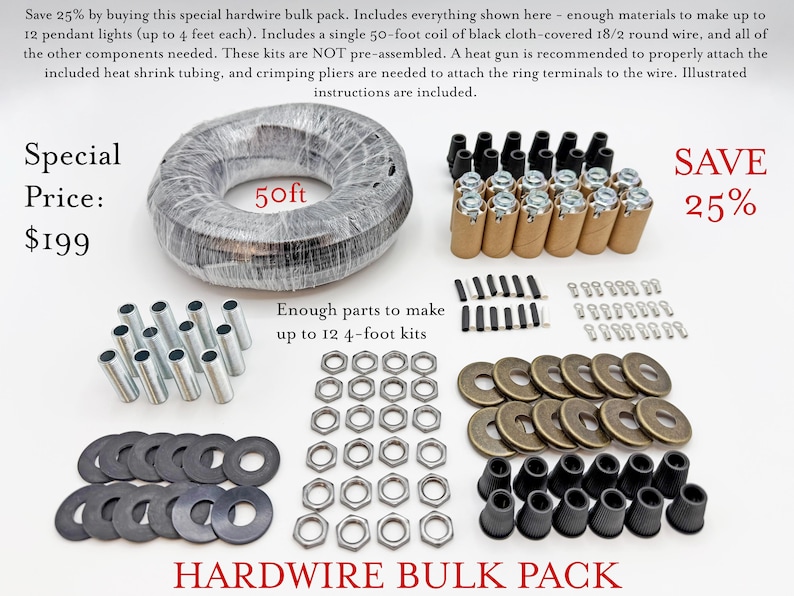 Glass Insulator Hanging Pendant Light Kit - Includes Porcelain Socket, Cloth Covered Cord, Mounting Hardware DIY Lamp Parts 125VAC 12-Kit HW Bulk Pack