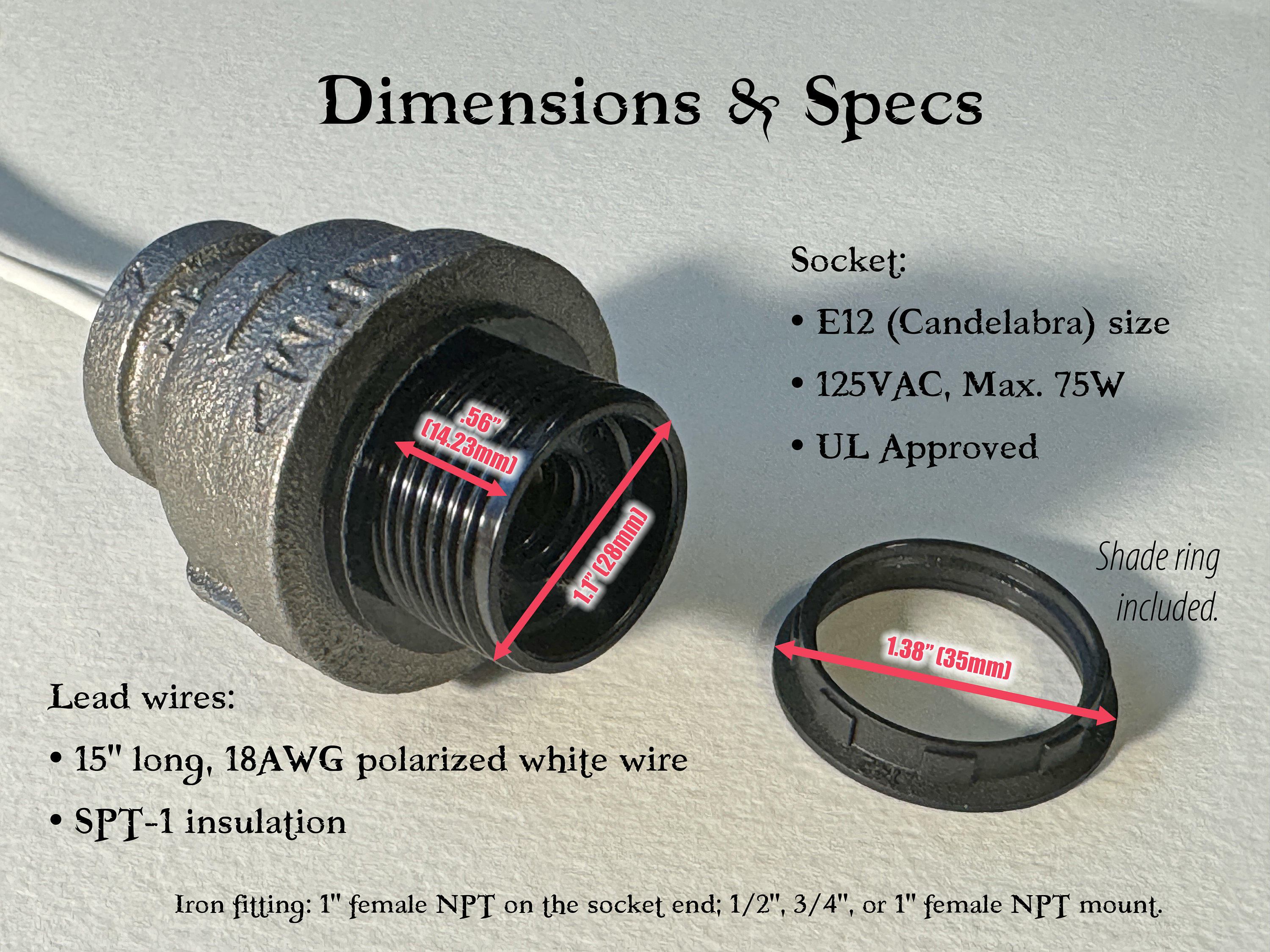 Black Iron Candelabra Base E12 Bulb Socket With Threaded Collar and Shade  Ring for Industrial Pipe Steampunk Lamp DIY Parts 125VAC Hardwired - Etsy  Norway, image size:3000x2250