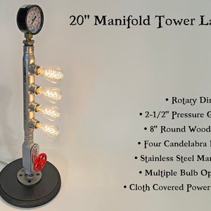 20" Stainless Steel Manifold Tower Lamp - Steampunk Industrial Theme with Rotary Dimmer and Pressure Gauge, 8" Round Wood Base