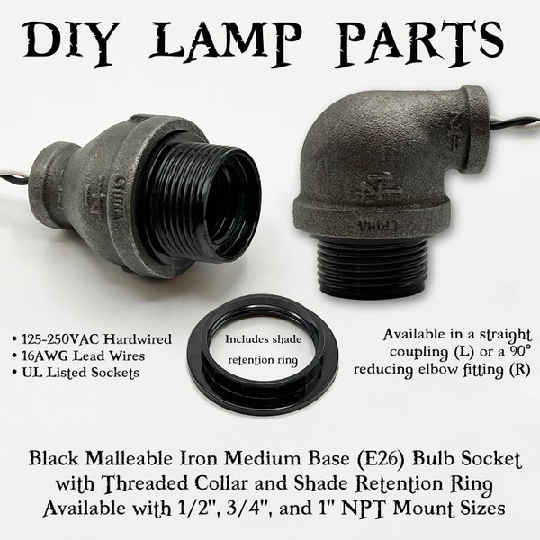 Black Iron Medium Base E26 Bulb Socket with Threaded Collar and Shade Ring for Industrial Pipe Steampunk Lamp DIY Parts 125VAC Hardwired