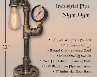 Adorable "Mini" 12" Steampunk Industrial Iron Pipe Night Light Lamp with 2" Pressure Gauge, and ST40 7W Edison Filament Bulb, Great Gift