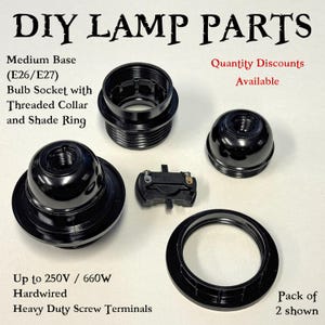 Portalámparas de base mediana E26 E27 con collar roscado, 250 V, 660 W, tubo industrial, iluminación DIY con anillo de sombra, lámpara cableada, piezas de luz, color negro