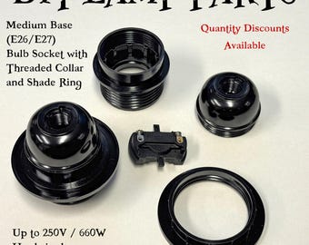 E26 E27 Medium Base Bulb Socket with Threaded Collar 250V 660W Industrial Pipe DIY Lighting with Shade Ring Hardwired Lamp Light Parts Black
