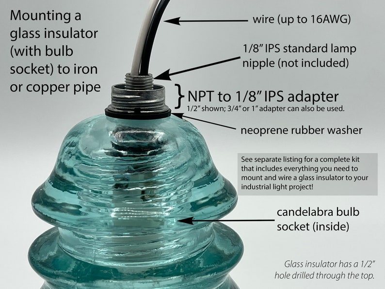 1/2 3/4 1 NPT pipe thread to 1/8 IPS NPS headless lamp nipple adapter diy Steampunk Industrial Lamp parts, glass insulator bulb socket image 4