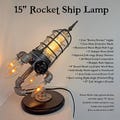 15" Rocket Ship Spaceship Steampunk Industrial Pipe Desk Lamp with 4 booster lights, 8" round wood base, multiple model and bulb options