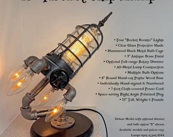 15" Rocket Ship Spaceship Steampunk Industrial Pipe Desk Lamp with 4 booster lights, 8" round wood base, multiple model and bulb options