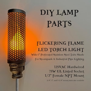Flickering Flame LED Torch Light for Steampunk Industrial Pipe Lamp with Perforated Tube Shade, 3 different light modes DIY Parts NPT Mount