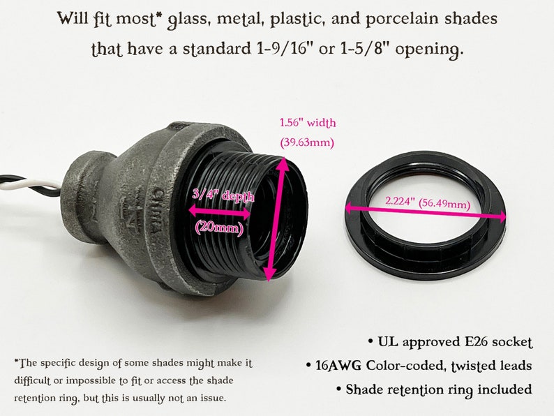 Black Iron Medium Base E26 Bulb Socket with Threaded Collar and Shade Ring for Industrial Pipe Steampunk Lamp DIY Parts 125VAC Hardwired image 6