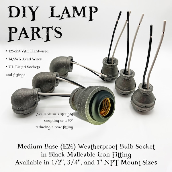Black Iron Medium Base E26 Weatherproof Bulb Socket for Industrial Pipe Steampunk Lamp DIY Parts 125VAC Hardwired NPT Mount 1/2", 3/4", 1"