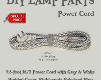 9.5 ft Gray & White Cloth covered flat power cord for Lampmaking, 16/2 SPT-2 wire with right-angle polarized plug, Steampunk DIY Lamp parts