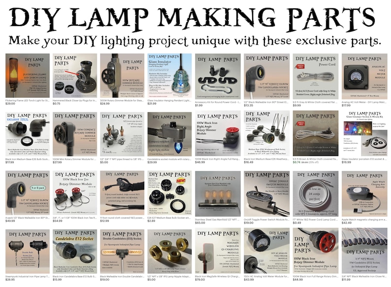May include: A collection of DIY lamp making parts displayed in a grid format, featuring various electrical components, sockets, dimmer modules, power cords, and metal pipe fittings, all labeled with the text DIY LAMP MAKING PARTS.
