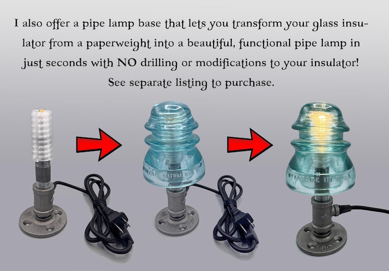 May include: A grey metal pipe lamp base with a black power cord. The image shows a sequence: a base with a white bulb, a base with a blue glass insulator placed on top, and the final assembly with the insulator illuminated by a warm yellow light.